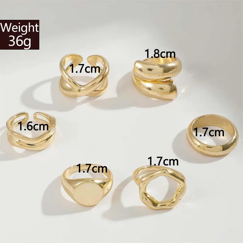 6Pcs/Set Gold Color Smooth Geometric Open Rings Set