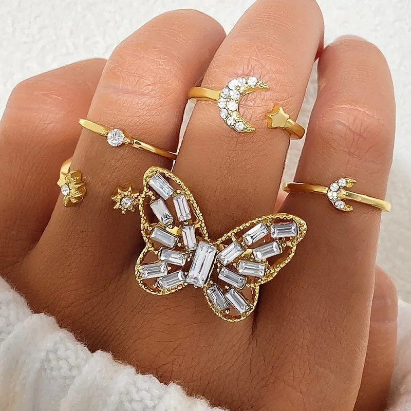 6Pcs/Set Gold Color Smooth Geometric Open Rings Set Butterfly-Moon-Star