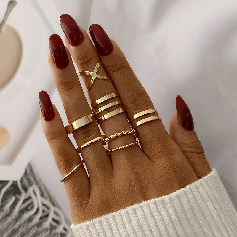 6Pcs/Set Gold Color Smooth Geometric Open Rings Set